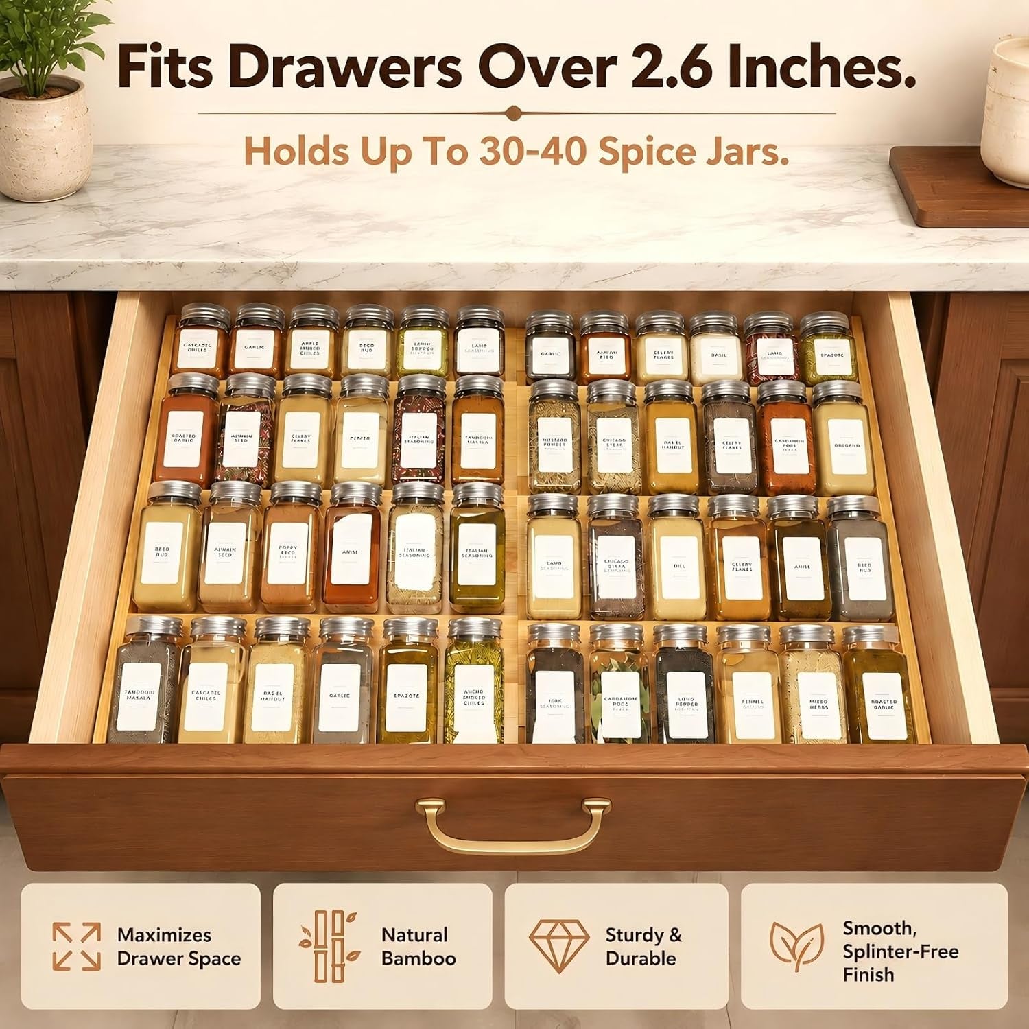 Expandable Bamboo Spice Drawer Organizer 