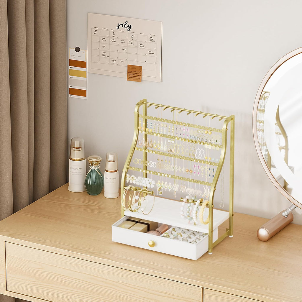 Earring Holder Organizer - Jewelry Organizer Stand with Necklace Hooks, Watch Rods, Nonwoven Drawer, Large Capacity Jewelry Display for Stud Earring Bracelet Necklace Ring, Gold