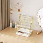 Earring Holder Organizer - Jewelry Organizer Stand with Necklace Hooks, Watch Rods, Nonwoven Drawer, Large Capacity Jewelry Display for Stud Earring Bracelet Necklace Ring, Gold