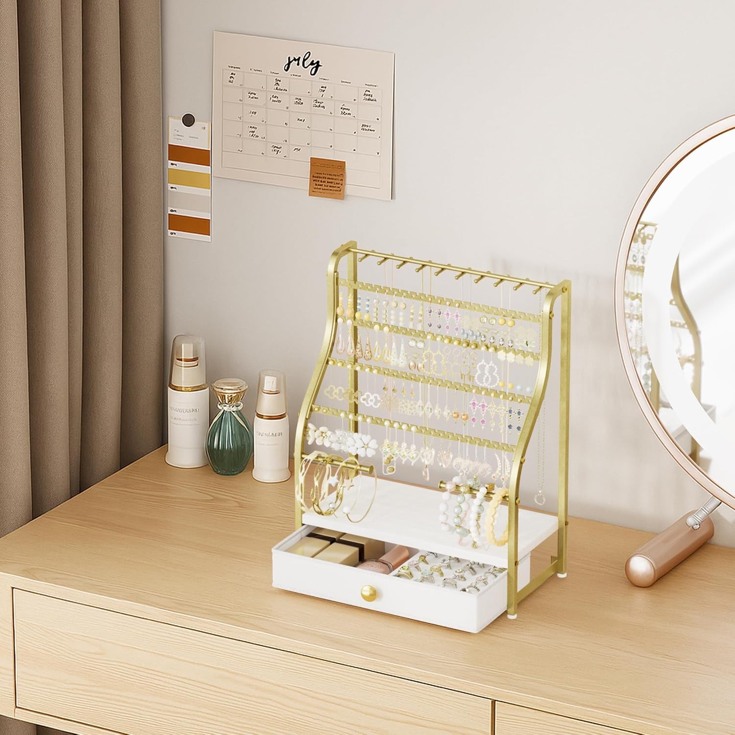 Earring Holder Organizer - Jewelry Organizer Stand with Necklace Hooks, Watch Rods, Nonwoven Drawer, Large Capacity Jewelry Display for Stud Earring Bracelet Necklace Ring, Gold