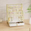 Earring Holder Organizer - Jewelry Organizer Stand with Necklace Hooks, Watch Rods, Nonwoven Drawer, Large Capacity Jewelry Display for Stud Earring Bracelet Necklace Ring, Gold