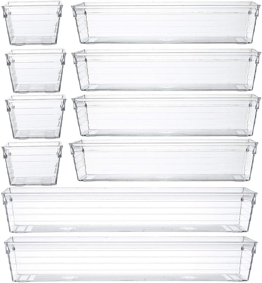 Clear Plastic Drawer Organizer Tray for Vanity Cabinet (Set of 10),Storage Tray for Makeup, Kitchen Utensils, Jewelries, and Gadgets