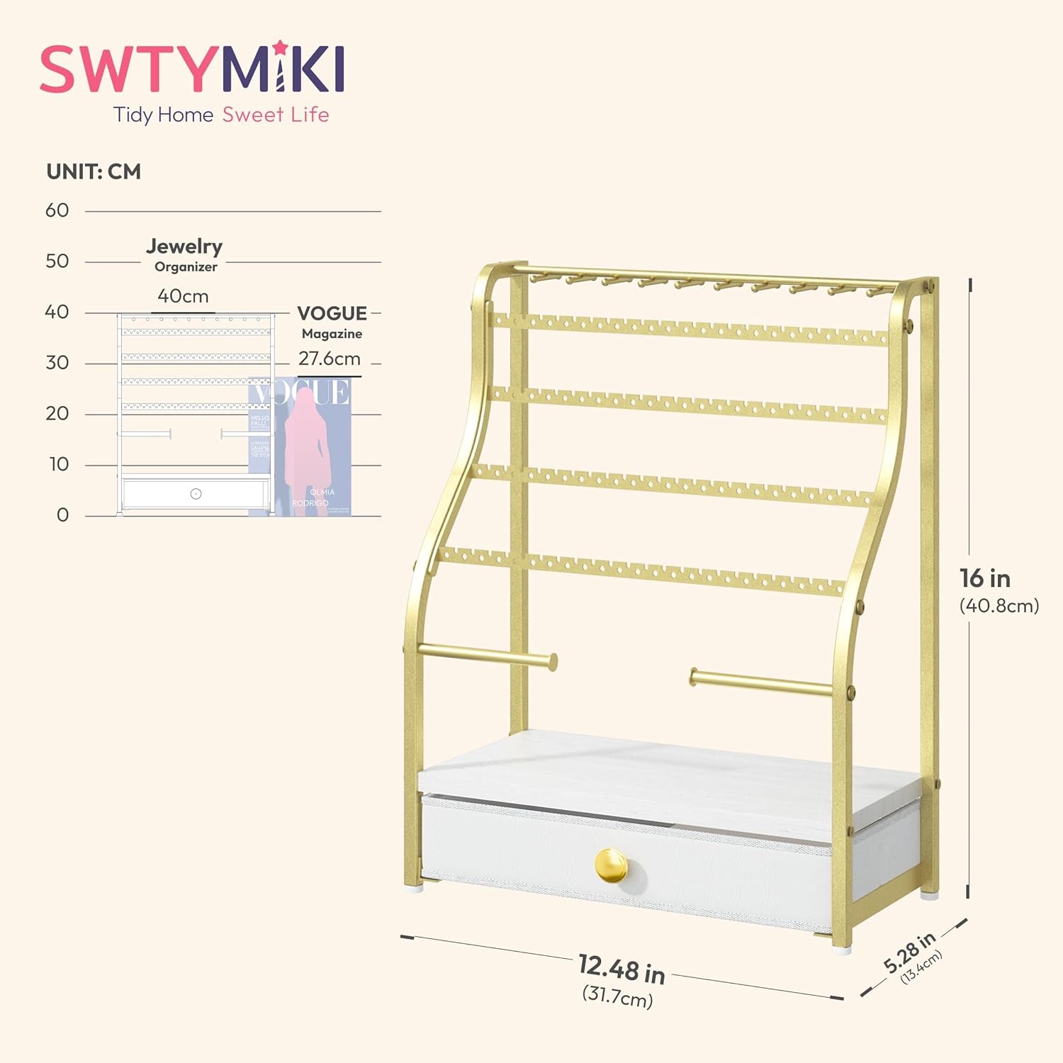 Earring Holder Organizer - Jewelry Organizer Stand with Necklace Hooks, Watch Rods, Nonwoven Drawer, Large Capacity Jewelry Display for Stud Earring Bracelet Necklace Ring, Gold