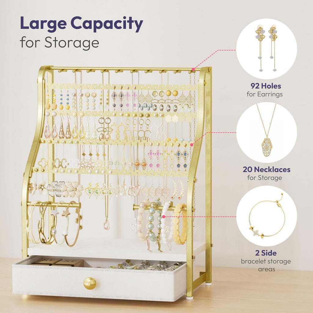 Earring Holder Organizer - Jewelry Organizer Stand with Necklace Hooks, Watch Rods, Nonwoven Drawer, Large Capacity Jewelry Display for Stud Earring Bracelet Necklace Ring, Gold