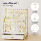 Earring Holder Organizer - Jewelry Organizer Stand with Necklace Hooks, Watch Rods, Nonwoven Drawer, Large Capacity Jewelry Display for Stud Earring Bracelet Necklace Ring, Gold