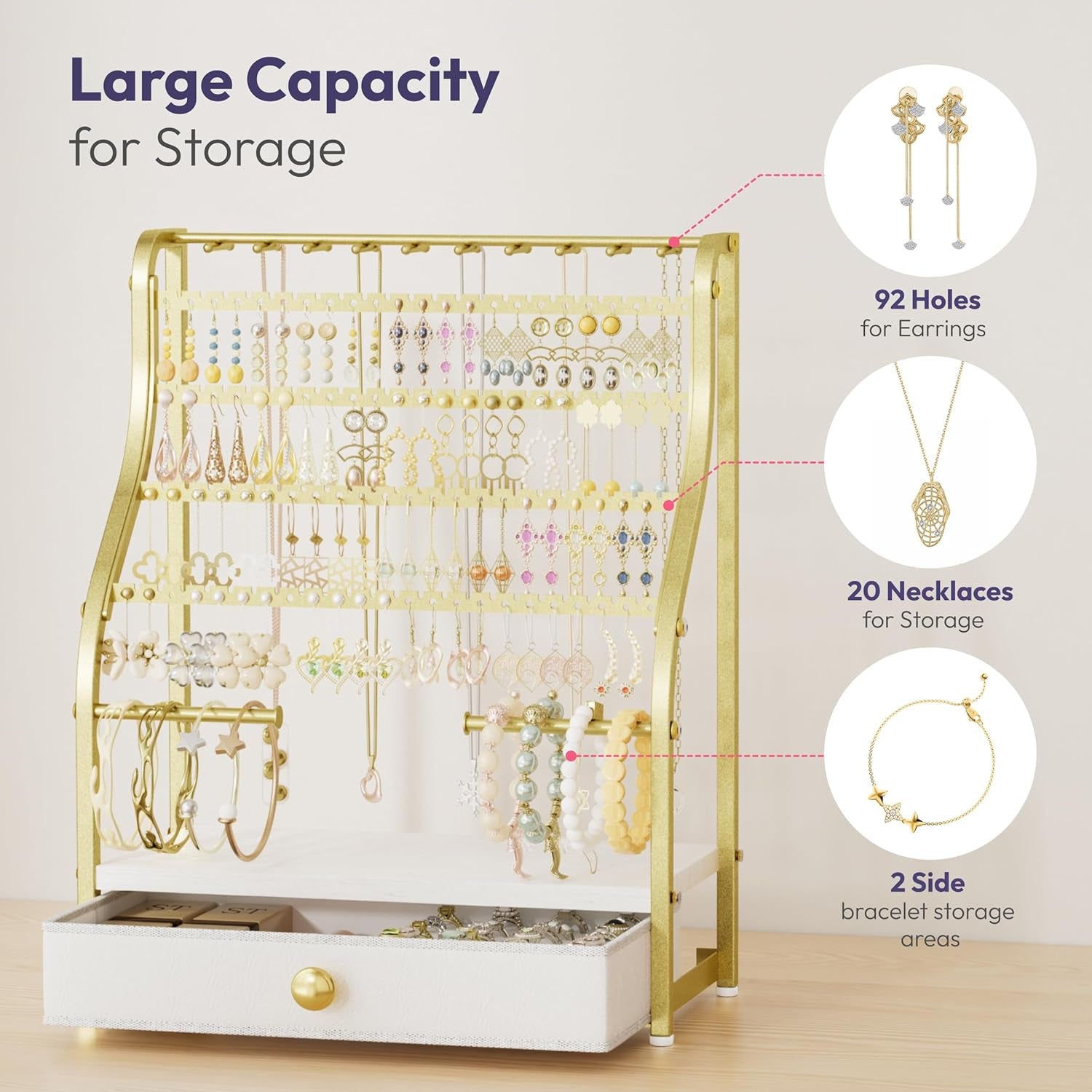 Earring Holder Organizer - Jewelry Organizer Stand with Necklace Hooks, Watch Rods, Nonwoven Drawer, Large Capacity Jewelry Display for Stud Earring Bracelet Necklace Ring, Gold
