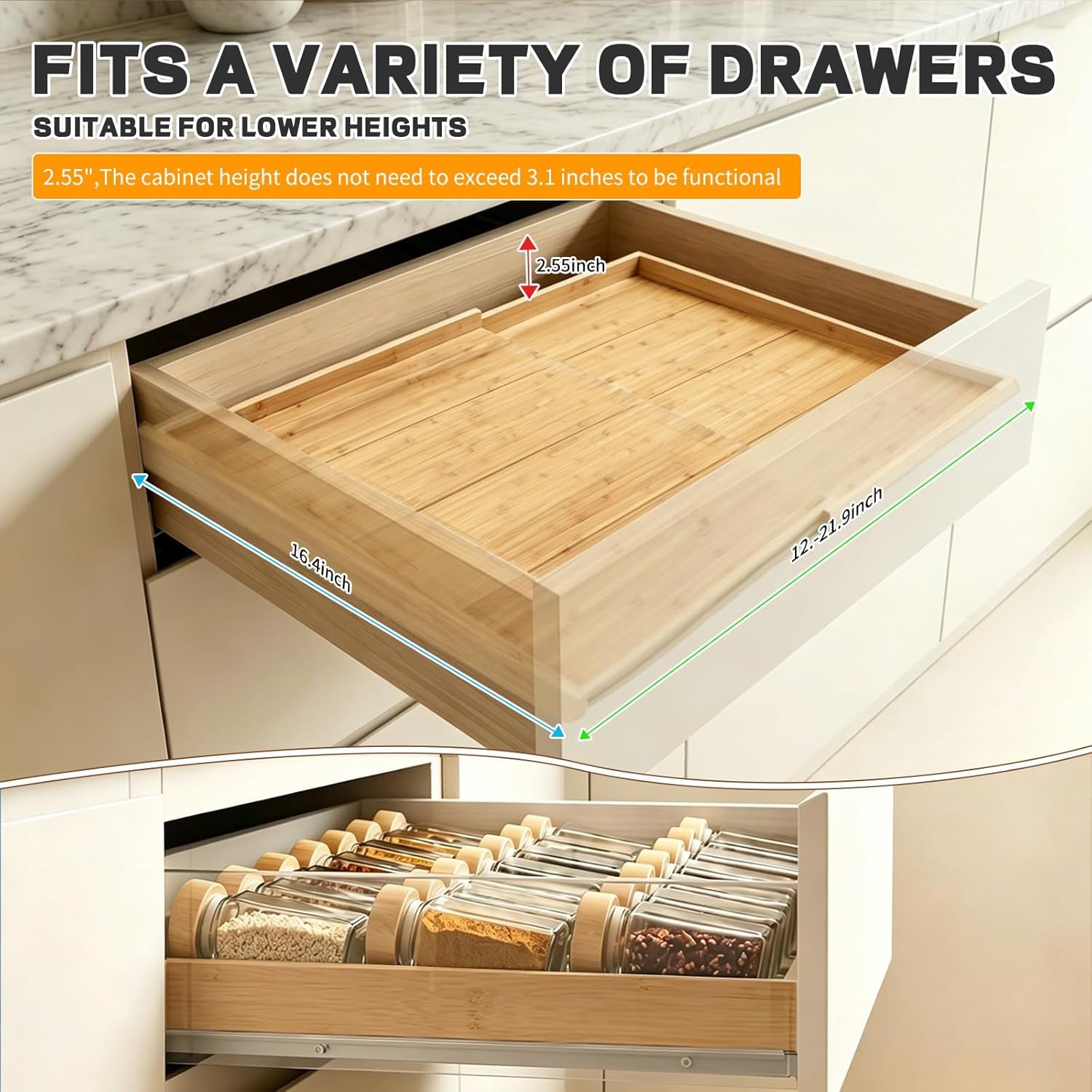Expandable Bamboo Spice Drawer Organizer 