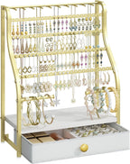 Earring Holder Organizer - Jewelry Organizer Stand with Necklace Hooks, Watch Rods, Nonwoven Drawer, Large Capacity Jewelry Display for Stud Earring Bracelet Necklace Ring, Gold