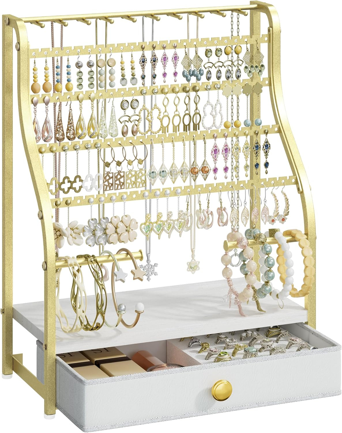 Earring Holder Organizer - Jewelry Organizer Stand with Necklace Hooks, Watch Rods, Nonwoven Drawer, Large Capacity Jewelry Display for Stud Earring Bracelet Necklace Ring, Gold