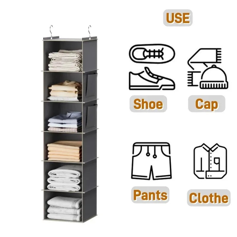 1Pcs Foldable Closet Organizer 6-Shelf Storage Rack with 2 Hooks - for Shoes Caps Clothes Pants Space Saving Closet Organizer